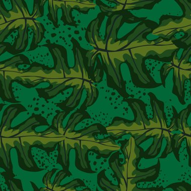 Botanik canavarı elementleri olan rastgele koyu renk, pürüzsüz desen. Yeşil tonlar sanat eseri. Arka planda su sıçraması. Kumaş tasarımı için dekoratif zemin, tekstil baskısı, ambalaj, kapak. Vektör illüstrasyonu