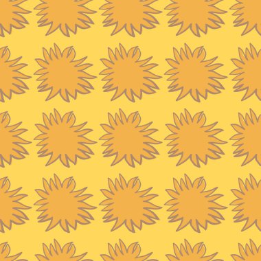 Güneş elementleriyle el çizimi kusursuz bir yaz deseni. Sarı arka planda turuncu renkli yıldız şekilleri. Kumaş tasarımı, tekstil baskısı, ambalaj ve kapak için mükemmel. Vektör illüstrasyonu.