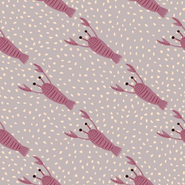 Pembe renkli ıstakoz desenli dikişsiz karalama. Gri noktalı arkaplanı olan doğal deniz arkaplanı. Kumaş tasarımı, tekstil baskısı, ambalaj, kapak için harika. Vektör illüstrasyonu.