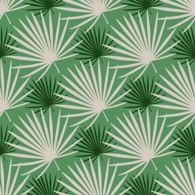 Doğanın hayran palmiye dalları siluetleri pürüzsüz karalama desenleri. Pastel yeşil arka planda renkli yeşillikler. Kumaş tasarımı, tekstil, ambalaj, kapak için dekoratif zemin. Vektör illüstrasyonu