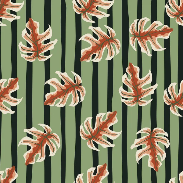 Rouge Aléatoire Monstera Feuille Ornement Motif Sans Couture Fond Rayé — Image vectorielle