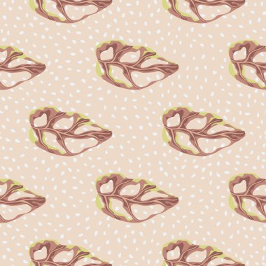 Tropikal canavar yaprağı siluetleri olan dikişsiz botanik deseni. Noktalı bej arka plan. Sonbahar paleti. Kumaş tasarımı, tekstil baskısı, ambalaj ve kapak için mükemmel. Vektör illüstrasyonu