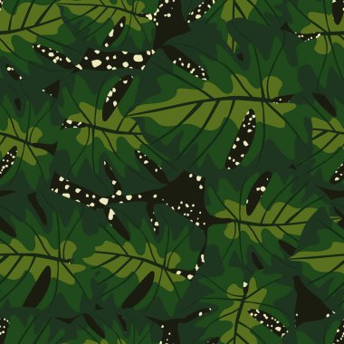 Yeşil canavarımsı yeşil yapraklı, rastgele koyu, pürüzsüz bir desen. Sıçrayan siyah bir arkaplan. Kumaş tasarımı için dekoratif zemin, tekstil baskısı, ambalaj, kapak. Vektör illüstrasyonu