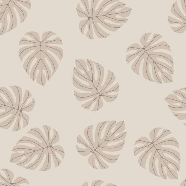 Minimalist, pürüzsüz, soluk desenli, rastgele yerleştirilmiş canavar süsü. Pastel hafif egzotik bitkilerin baskısı. Kumaş tasarımı, tekstil baskısı, ambalaj ve kapak için mükemmel. Vektör illüstrasyonu.