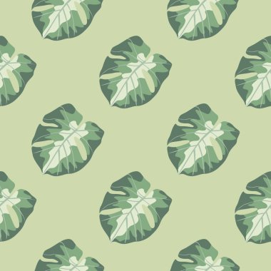 Minimalist canavar yaprağı dikişsiz desen. Bej arka planda el yapımı pastel yeşil tropikal süs. Kumaş tasarımı için dekoratif zemin, tekstil baskısı, ambalaj, kapak. Vektör illüstrasyonu