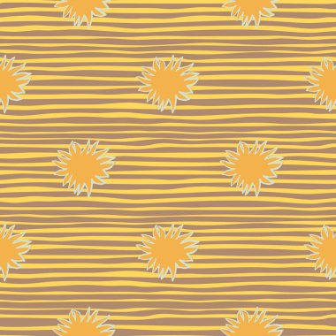 Soyut turuncu güneş siluetleriyle kusursuz karalama deseni. Şeritli yaz arkaplanı. Sabah dekoratif arka plan. Kumaş tasarımı, tekstil baskısı, ambalaj ve kapak için mükemmel. Vektör illüstrasyonu.