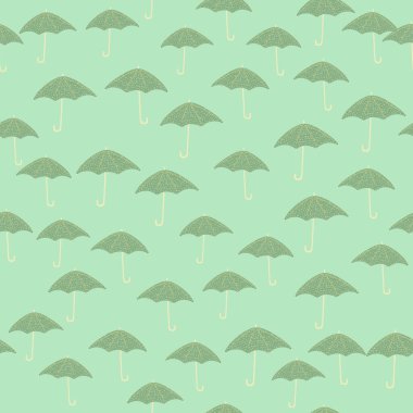 Küçük şemsiye siluetleri pürüzsüz desenli. Açık pastel turkuaz arka planda yeşil aksesuar şekilleri. Kumaş tasarımı, tekstil baskısı, ambalaj ve kapak için tasarlandı. Vektör illüstrasyonu.