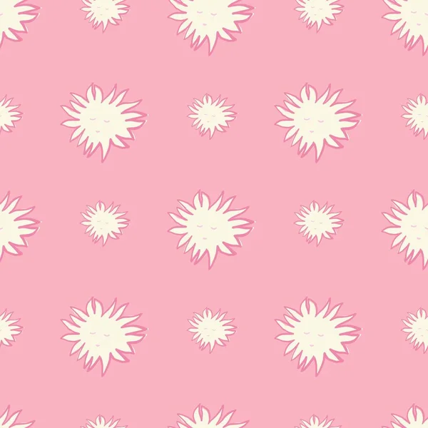 白い太陽の顔の装飾と明るい子供のシームレスなパターン ピンクの背景 最小限の漫画の背景 ファブリックデザイン テキスタイルプリント ラッピング カバーに最適です ベクターイラスト — ストックベクタ