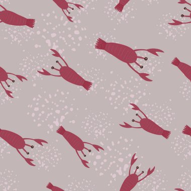 Koyu pembe karalama ıstakoz şekilli kusursuz desen. Su sıçramalı gri bir arkaplan. Rastgele suda parmak izi. Kumaş tasarımı, tekstil baskısı, ambalaj, kapak için harika. Vektör illüstrasyonu.