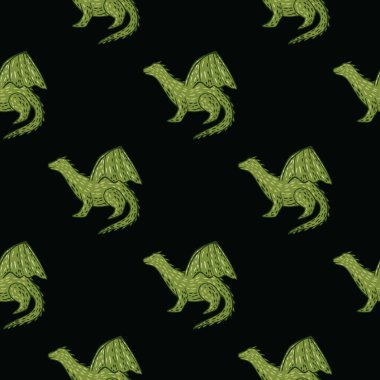 Siyah arka planda yeşil ejderha siluetleri var. Basit bir tasarım. Kumaş tasarımı için dekoratif zemin, tekstil baskısı, ambalaj, kapak. Vektör illüstrasyonu.