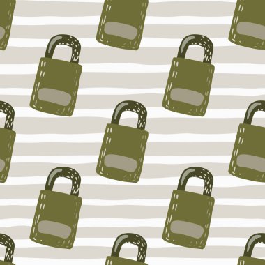 Yeşil zeytin kilitli kapı siluetleri kusursuz karalama desenleri. Gri çizgili arka planı olan klasik güvenlik baskısı. Duvar kağıdı, tekstil, ambalaj kağıdı, kumaş baskısı için fon. Vektör illüstrasyonu