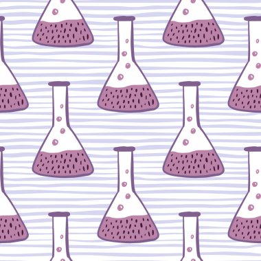 Mor süslemeli kusursuz desen. Çizgili mavi arka planda laboratuvar deney elementleri. Kumaş tasarımı, tekstil baskısı, ambalaj, kapak için harika. Vektör illüstrasyonu.