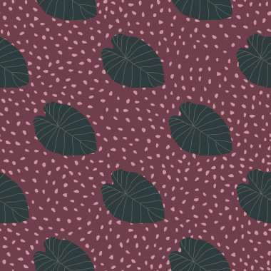 Koyu gri yapraklar botanik desenleri çizer. Mor noktalı arkaplanı olan soyut çiçek izi. Duvar kağıdı, tekstil, ambalaj kağıdı ve kumaş baskısı için tasarlanmış. Vektör illüstrasyonu.