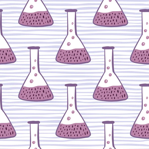 Mor süslemeli kusursuz desen. Çizgili mavi arka planda laboratuvar deney elementleri. Kumaş tasarımı, tekstil baskısı, ambalaj, kapak için harika. Vektör illüstrasyonu.