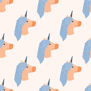 Sihirli tek boynuzlu at siluetleriyle izole edilmiş, pürüzsüz desen. Beyaz arka planda mavi ve bej renkli at siluetleri. Kumaş tasarımı, tekstil, ambalaj ve örtü için tasarlandı. Vektör illüstrasyonu.