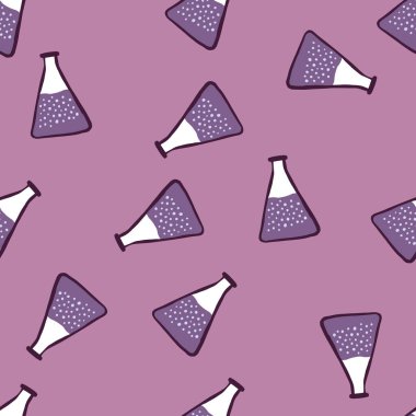 Cam ampul tıp tarzında kusursuz rastgele desen. Labaratuar ekipmanlı mor renkli sanat eserleri. Duvar kağıdı, tekstil, ambalaj kağıdı, kumaş baskısı için dekoratif zemin. Vektör illüstrasyonu.