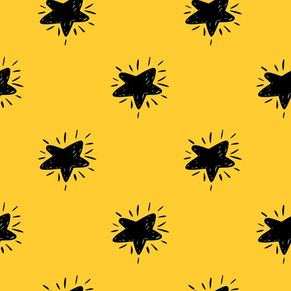 ブラック漫画シンプルな星シームレスパターン 黄色の明るい背景に装飾的な印刷をかわす テキスタイル 包装紙 ファブリックプリントに最適です ベクターイラスト — ストックベクタ