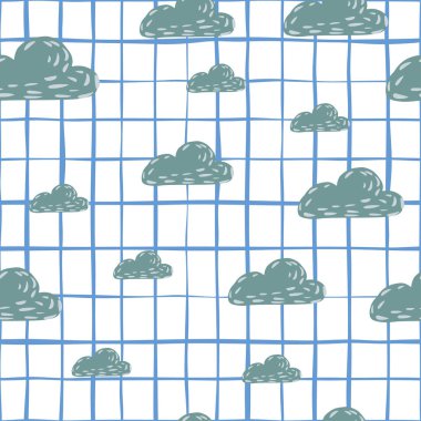 Lacivert renkli bulutların oluşturduğu rastgele karalama desenleri. Beyaz kareli arka plan. Kumaş tasarımı, tekstil baskısı, ambalaj ve kapak için mükemmel. Vektör illüstrasyonu.