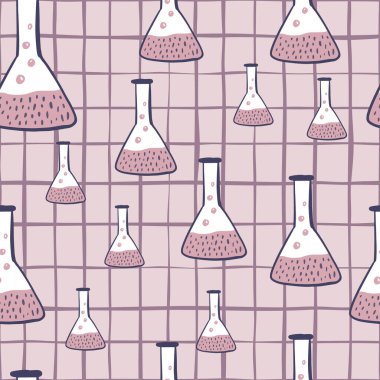 Cam ampul siluetleriyle gelişigüzel bir kimya kalıbı. Kareli arka planda basit bir matara izi. Leylak rengi palet çizimi. Kumaş tasarımı, tekstil baskısı, ambalaj, kapak için. Vektör illüstrasyonu