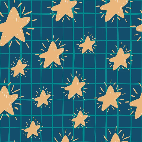 随机星族元素无缝涂鸦模式 手工绘制的米色饰物在海军蓝色格子背景 完美的墙纸 纺织品 包装纸 织物印花 矢量说明 — 图库矢量图片