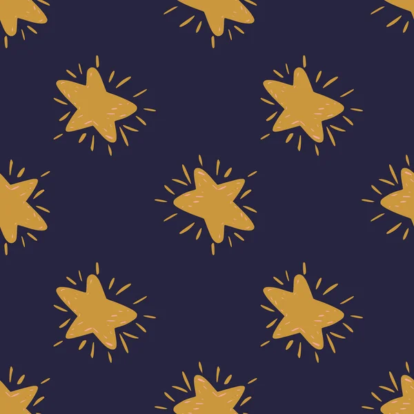 Ocher star ornament seamless pattern. Hand drawn doodle elements on navy blue dark background. — Stock Vector