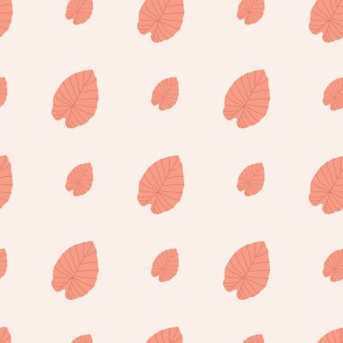 Soyut yaprak siluetleriyle izole edilmiş, pürüzsüz bir desen. Açık arkaplanda pembe pastel yaprak süsü. Duvar kağıdı, tekstil, ambalaj kağıdı ve kumaş baskısı için tasarlanmış. Vektör illüstrasyonu.
