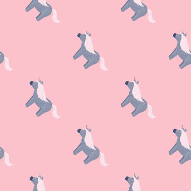 Pastel mavisi tek boynuzlu at siluetleri pembe arka planda pürüzsüz desenler. Çizgi filmlerdeki çocukların arka planı. Kumaş tasarımı, tekstil baskısı, ambalaj ve kapak için mükemmel. Vektör illüstrasyonu.