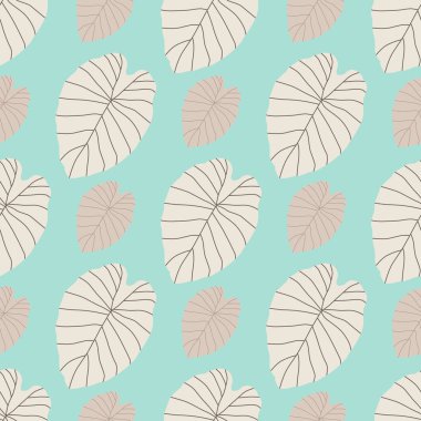 Pastel, bej renkli yaprak siluetleriyle kusursuz botanik desenli. Mavi arka plan. Duvar kağıdı, tekstil, ambalaj kağıdı ve kumaş baskısı için tasarlanmış. Vektör illüstrasyonu.