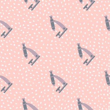 Yaratıcı biyoloji mikroskobu elementleri olan kusursuz eğitim düzeni. Pembe noktalı arkaplanda laboratuvar süsü. Duvar kağıdı, tekstil, ambalaj kağıdı, kumaş baskısı için. Vektör illüstrasyonu.