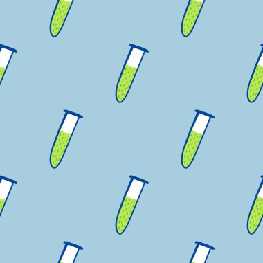Yeşil cam ampul siluetleriyle minimalist, pürüzsüz silikon desen. Mavi arka plan. Deney laboratuarının arka planı. Kumaş tasarımı, tekstil baskısı, ambalaj, kapak için harika. Vektör illüstrasyonu.