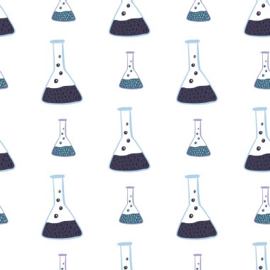Eğitim bilimi, lacivert mataralarla izole edilmiş kusursuz desen. Beyaz arka plan. Laboratuvar parmak izi. Kumaş tasarımı, tekstil baskısı, ambalaj, kapak için harika. Vektör illüstrasyonu.