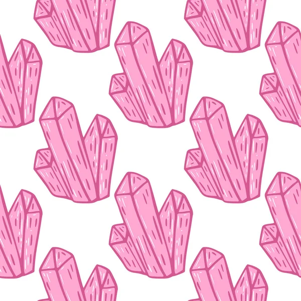 Pembe kristal süslemeli izole edilmiş mineral dikişsiz desen. Beyaz arka plan. Kumaş tasarımı, tekstil baskısı, ambalaj ve kapak için tasarlandı. Vektör illüstrasyonu.