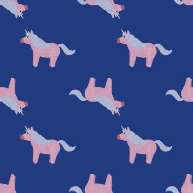 Pembe, tek boynuzlu at siluetleriyle kusursuz çocuk desenleri. Donanma mavisi çivit rengi. Kumaş tasarımı, tekstil baskısı, ambalaj ve kapak için tasarlandı. Vektör illüstrasyonu.