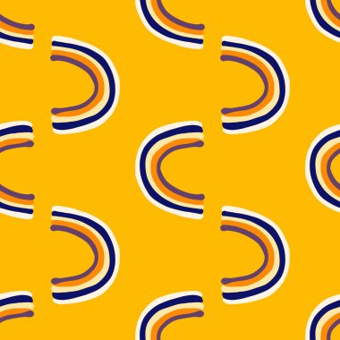 Çok renkli gökkuşağı siluetleriyle minimalisti parlak, pürüzsüz desen. Sarı arka plan. Çocuksu bir zemin. Kumaş tasarımı, tekstil baskısı, ambalaj ve kapak için mükemmel. Vektör illüstrasyonu.