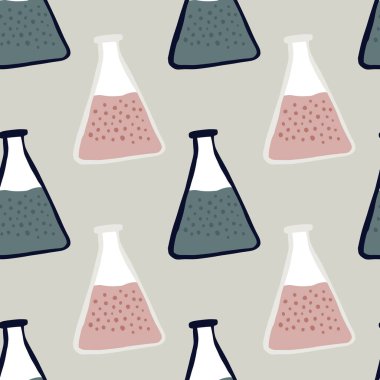 Elle çizilmiş pembe ve lacivert soluk matara süslemesi kusursuz desen. Gri arkaplanlı laboratuvar kimyasal izi. Duvar kağıdı, tekstil, ambalaj kağıdı, kumaş baskısı için fon. Vektör illüstrasyonu