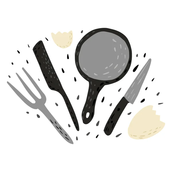 Сковорода Вилкой Ножом Яичной Скорлупой Белом Фоне Инструмент Приготовления Каракулей — стоковый вектор