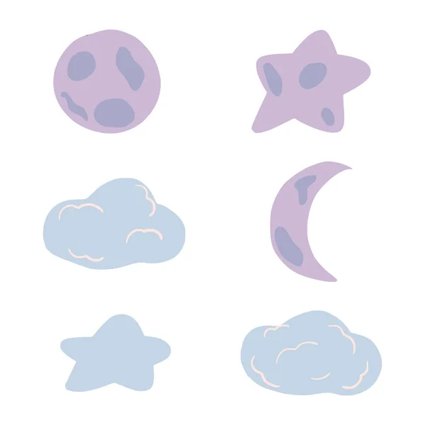 白い背景に月と星と雲をセットします 漫画スペース満月 三日月 星と雲で落書きベクトルイラスト — ストックベクタ
