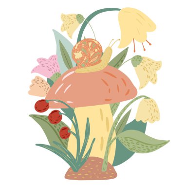 Beyaz arka planda çiçek olan mantarlı salyangoz kompozisyonu. Karalama stili vektör illüstrasyonundaki komik çizgi film karakteri.