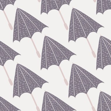 Çizgi filmlerdeki şemsiyelerle izole edilmiş, pürüzsüz desenler. Beyaz arka planda mor aksesuar. Kumaş tasarımı için dekoratif zemin, tekstil baskısı, ambalaj, kapak. Vektör illüstrasyonu.