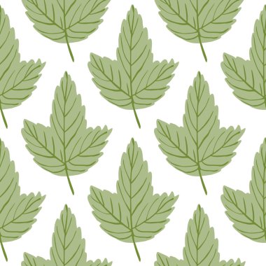 Sonbahar akçaağacı kusursuz botanik desenler bırakır. Doğal yeşil yeşillik arka planı. Kumaş tasarımı, tekstil baskısı, ambalaj ve kapak için mükemmel. Vektör illüstrasyonu.