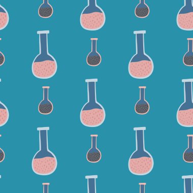 Pembe karikatür deseni ve matara elementi. Turkuaz arka plan. Laboratuvar üniversite baskısı. Kumaş tasarımı, tekstil baskısı, ambalaj, kapak için harika. Vektör illüstrasyonu.