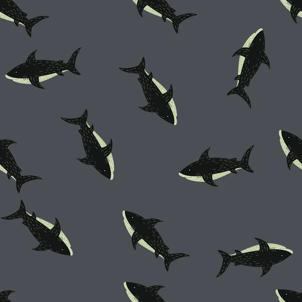 Patrón Aleatorio Sin Costuras Tiburón Negro Con Fondo Gris Estampado — Archivo Imágenes Vectoriales