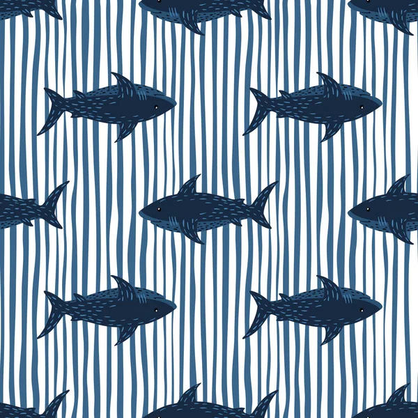 Navy Blue Shark Ornament Seamless Doodle Pattern Ocean Wild Animal — Stock Vector