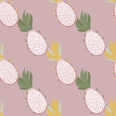 Pitahaya siluetleriyle kusursuz bir desen. Pembe arka planda basit meyve şekilleri. Kumaş tasarımı, tekstil baskısı, ambalaj ve kapak için mükemmel. Vektör illüstrasyonu.