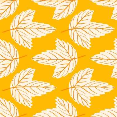 Elle çizilmiş parlak, pürüzsüz akçaağaç yaprağı süsü. Sarı arka plan. Kumaş tasarımı, tekstil baskısı, ambalaj ve kapak için mükemmel. Vektör illüstrasyonu.