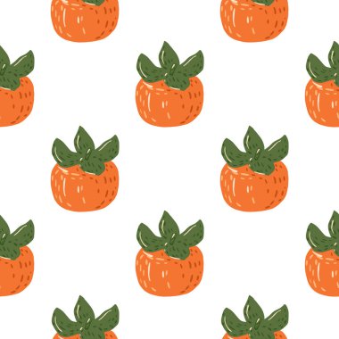 Terkedilmiş dikişsiz yemek arkaplanı ve olgun hurma süsü. Beyaz arka planda portakal meyveleri. Kumaş tasarımı, tekstil baskısı, ambalaj, kapak için harika. Vektör illüstrasyonu.