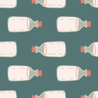 Pastel, ilaç şişesi siluetleriyle kusursuz desenli. Turkuaz soluk arkaplan. Kumaş tasarımı, tekstil baskısı, ambalaj ve kapak için mükemmel. Vektör illüstrasyonu.