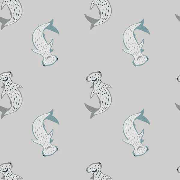 海のハンマーヘッドサメの装飾と最小限のシームレスなドアパターン 灰色の背景 ファブリックデザイン テキスタイルプリント ラッピング カバーのための装飾的な背景 ベクターイラスト — ストックベクタ