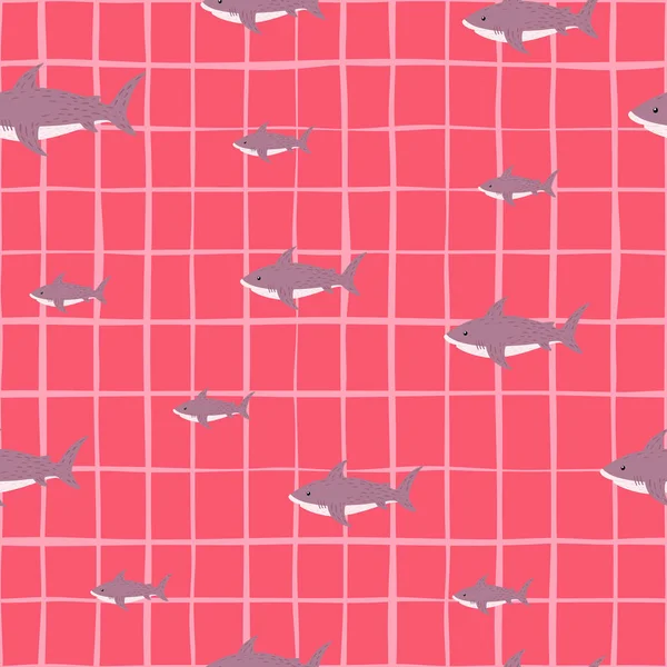 Random Shark Seamless Pattern Pale Fish Shapes Pink Chequered Background — Stock Vector