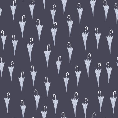 Şemsiye süslemeli, pürüzsüz bir desen. Mavi arka planda rastgele aksesuar izi çiz. Kumaş tasarımı, tekstil baskısı, ambalaj ve kapak için mükemmel. Vektör illüstrasyonu.